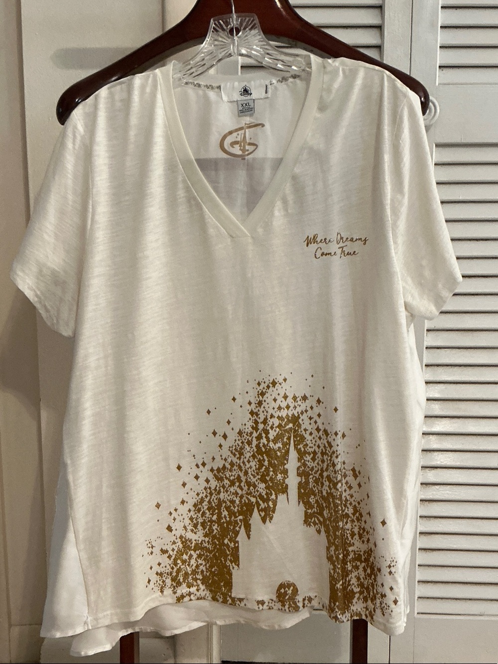 Disney Cream V-Neck Tee with Gold Castle Graphic
